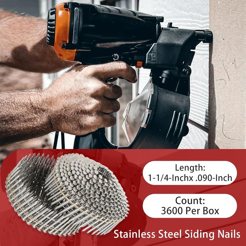 findmall 3600 Count 1-1/4-Inch x .090-Inch Ring Shank 304 Stainless Steel Siding Nails 15-Degree Collated Wire Coil - Image 2